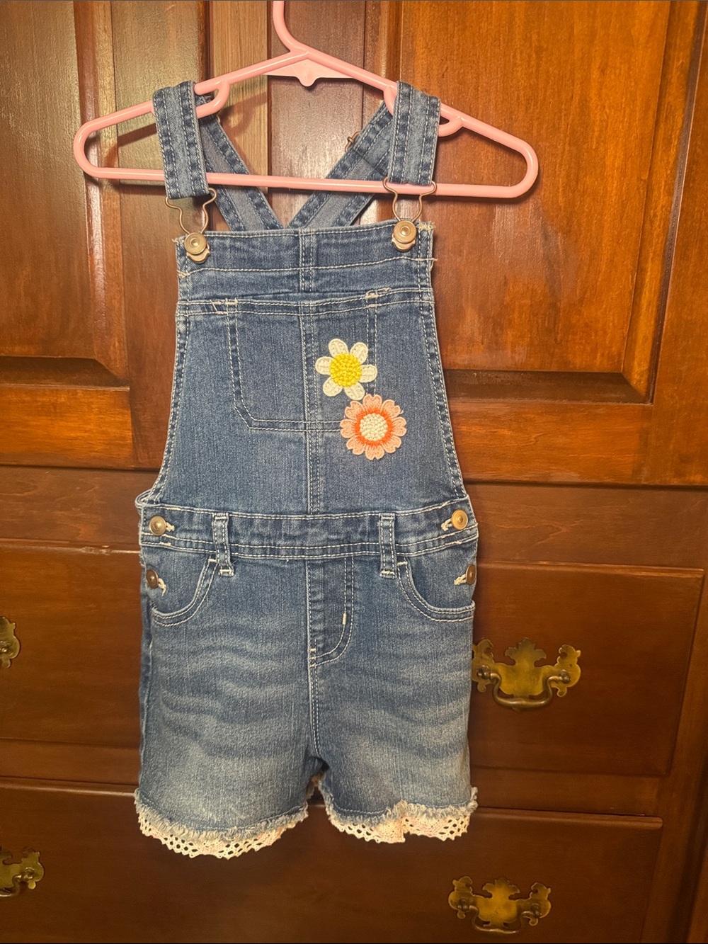 Toddler Girls' Denim Floral Applique Short Overalls - Blue